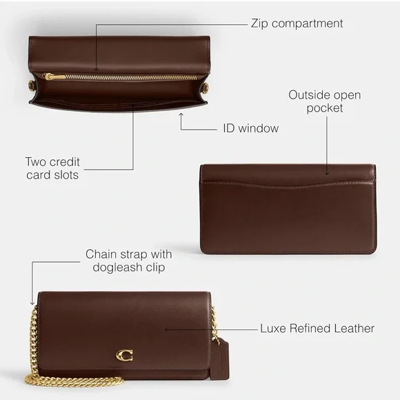 Coach Evie Long Wallet Crossbody Brown Leather Gold Chain Convertible NWT